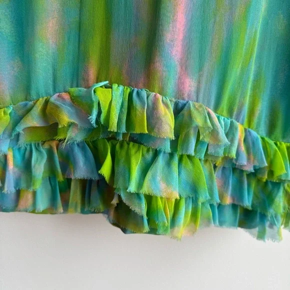 Vintage 60s Irving Nadler Watercolor Shift Dress S/M Green Sleeveless Ruffle Mod - Picture 5 of 12